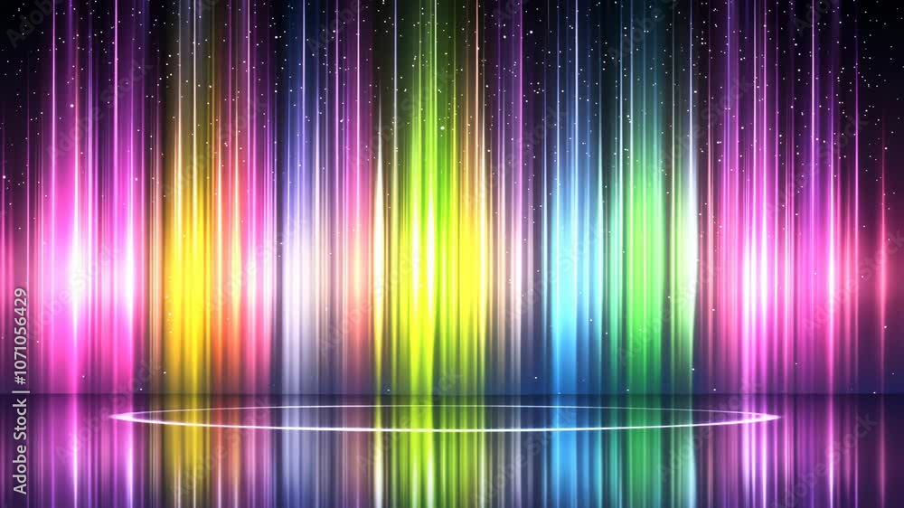 Poster a colorful, digital aurora borealis display with a white circle in the foreground, reflecting on the