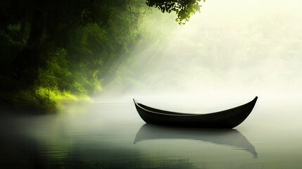   A boat floats atop a foggy lake amidst a forest of dense green trees