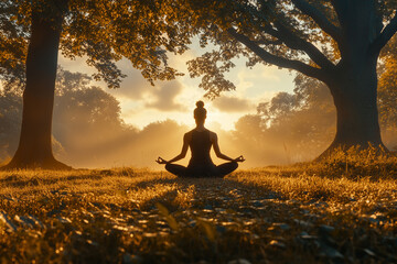 A person meditating peacefully in a serene outdoor setting during sunset surrounded by majestic trees and soft golden light