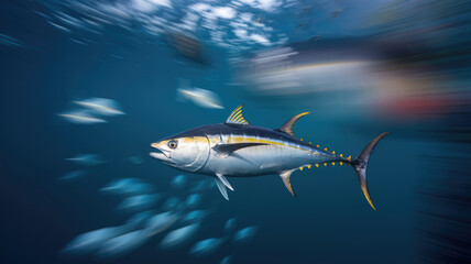 Fototapeta premium A large fish is swimming in the ocean with many smaller fish swimming around it. The image has a sense of movement and energy, as the fish are all swimming in different directions