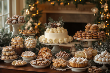 A beautifully decorated holiday table filled with an array of festive desserts and treats during a cozy winter gathering