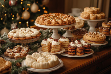 Delightful holiday dessert table filled with beautifully arranged cakes and treats during a festive gathering