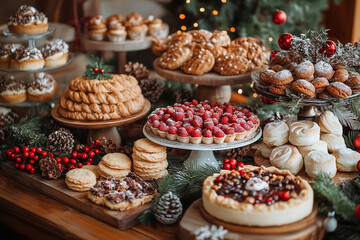 A beautifully arranged holiday dessert table filled with assorted pastries and festive decorations in a cozy winter setting