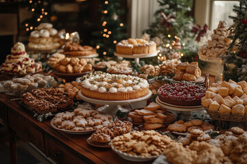 A beautifully decorated holiday table filled with a variety of desserts and pastries, perfect for festive gatherings in winter