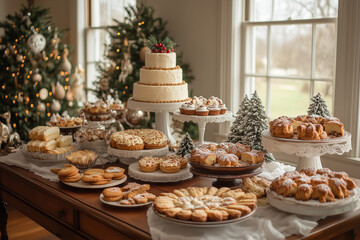 A warm holiday gathering featuring a beautifully decorated dessert table filled with treats and festive decorations in a cozy home setting