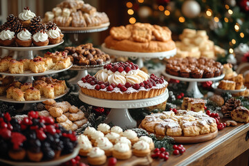 A beautifully decorated holiday table filled with an array of festive desserts, surrounded by festive decorations and warm lighting