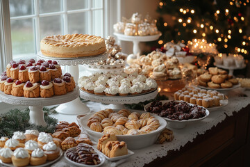 A beautifully decorated holiday table featuring an array of desserts and treats set against a cozy winter backdrop