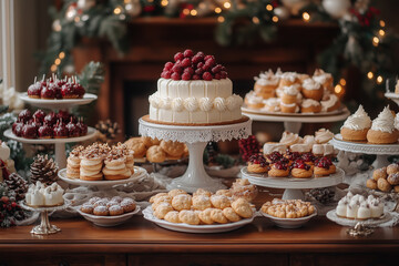 Fototapeta premium A beautifully decorated holiday table set with gourmet desserts and festive decorations for a joyful celebration