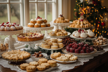 Elegant holiday dessert table adorned with festive treats and decorations in a cozy home setting