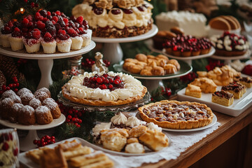 A beautifully decorated holiday table filled with an array of scrumptious desserts and seasonal treats for festive celebrations