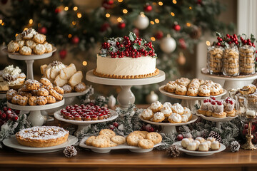 A beautifully decorated holiday table showcasing an array of festive desserts and treats against a cozy winter backdrop