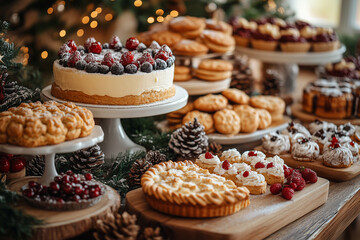 A stunningly decorated holiday table featuring an array of delicious desserts and seasonal decorations perfect for festive gatherings