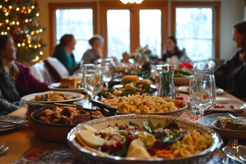 Naklejka premium Festive holiday dinner with a variety of traditional dishes with family sitting around table