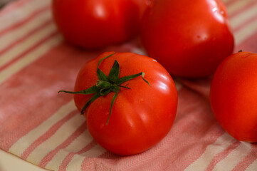 Bright red tomatoes freshly picked and resting on a striped cloth in a cozy kitchen