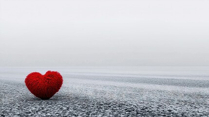 Fototapeta premium A red heart-shaped object rests atop a gravel road amidst a hazy, misty sky