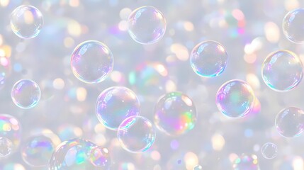 Naklejka premium Abstract arrangement of transparent bubbles, soft colors blending harmoniously, capturing light reflections to evoke an ethereal, magical aesthetic for unique backgrounds