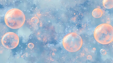 Naklejka premium Clusters of iridescent bubbles overlapping, refracting light into pastel hues with soft reflections, creating a whimsical and playful textured background design