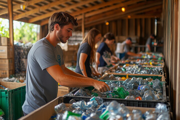 People sorting recyclable materials at a community recycling center during the day