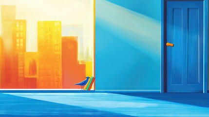  A blue door painting in front of a yellow-blue building with a kite