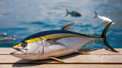 A large fish with yellow and black stripes is laying on a wooden dock. The fish is surrounded by water and other fish