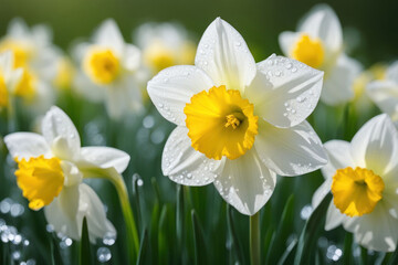 a beautiful cluster of daffodils, their white petals glistening with morning dew.