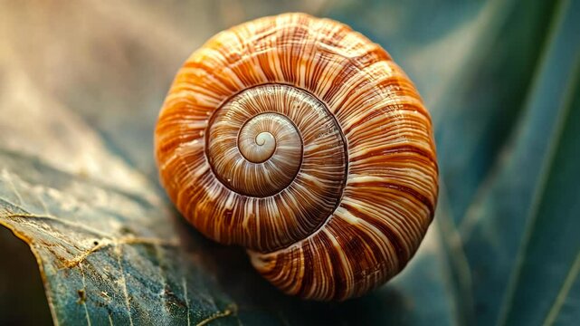A brown and white snail shell sits on a green leaf in the forest