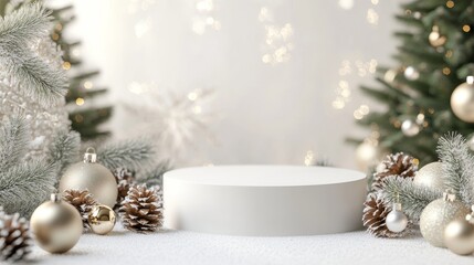 3D Product Display with Snowy Pine Branches and Festive Christmas Ornaments