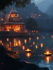Obraz premium Tranquil Diwali Night: A Sacred Temple Reflection on Peaceful LakeFloating Diyas