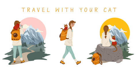 Travel with your cat concept art. Vector hand drawn illustration with a woman hiking in the mountains with a bengal cat in a pet carrier backpack. Set of scenes with traveler and animal