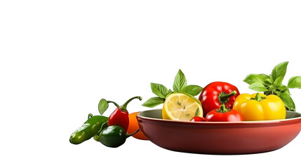 A vibrant assortment of fresh vegetables and herbs, including bell peppers, chili peppers, basil, and a lemon slice, arranged in a red bowl on a transparent background.
