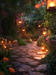 Serene Twilight Pathway IlluminatedDiyas inFestive Garden of Blooms