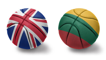 basketball balls with the national flags of lithuania and great britain on the white background.