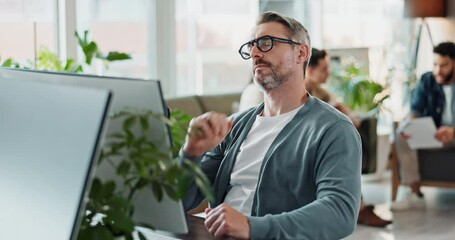 Man, neck pain and computer in office, muscle strain and employee burnout at startup business. Mature person, coworking workplace and stress in uncomfortable chair, bad posture and fibromyalgia