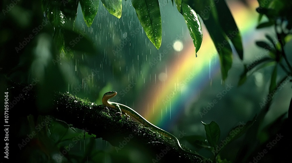 Poster   A rainbow in the backdrop with a lizard on a branch in the foreground, another rainbow in the background