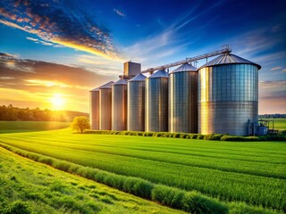 Obraz premium Majestic Silos Against a Clear Blue Sky with Lush Green Fields, Perfect Composition for Agricultural Themes and Rural Landscapes, Room for Text and Branding on the Right Side