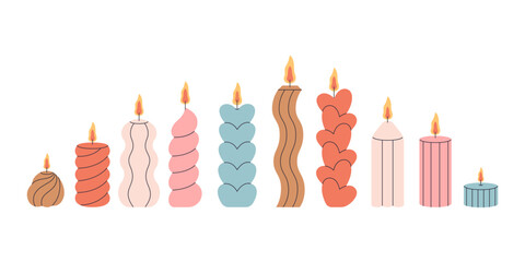 Decorative aromatic candles various shapes and colors. Burning scented candles, home interior and aromatherapy. Vector illustration in flat style