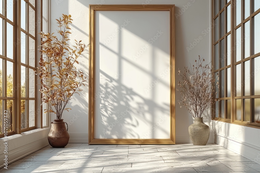 Poster a large empty picture frame on a white wall surrounded by windows with a single plant on each side.