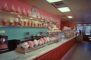 A vintage ice cream parlor with a counter full of different ice cream flavors and toppings