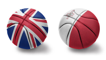 basketball balls with the national flags of malta and great britain on the white background.