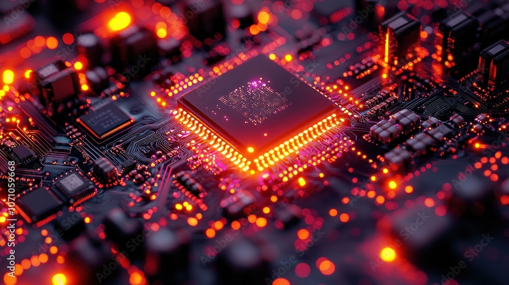Aufkleber Close-up of a glowing circuit board with a central processor