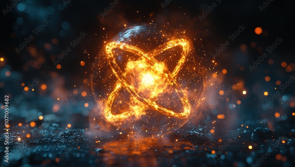 Poster burning sphere with glowing lines and sparks on a dark background