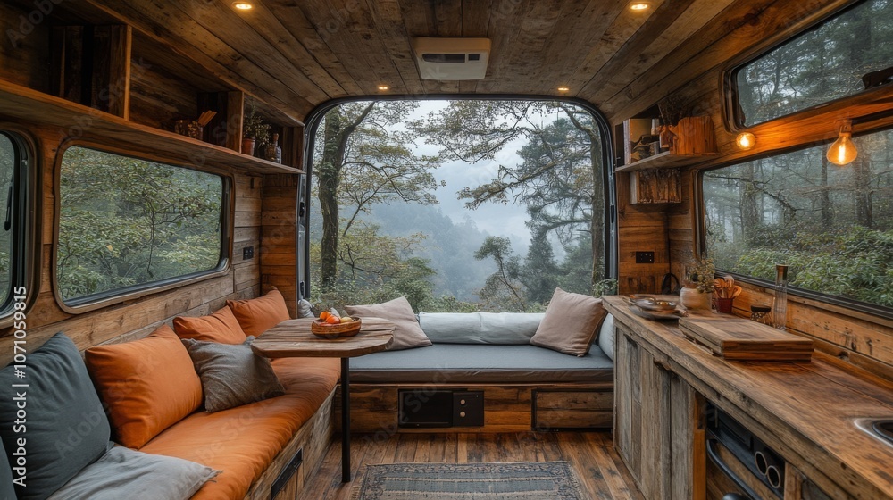 Poster the inviting interior of a wooden camper boasts large windows that frame a serene, misty forest. nea
