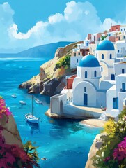 Fototapeta premium Tranquil Mediterranean Escape: Serene Greek IslandWhitewashed Buildings and Blue Ocean