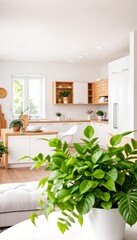 Fototapeta premium Modern kitchen interior with white cabinets and a wooden countertop, framed by lush green leaves