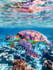 Obraz premium Serenity Beneath the Waves: A Colorful Sea Turtle inPeaceful Coral Haven