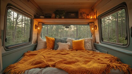 This inviting van interior features a spacious bed adorned with a vibrant blanket. Soft lighting creates a warm atmosphere as dusk falls in a peaceful forest setting.