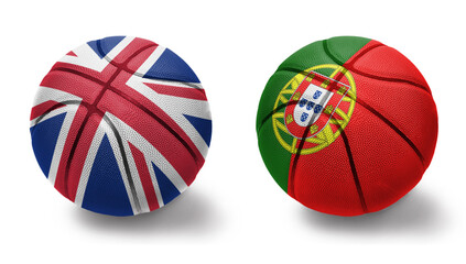 basketball balls with the national flags of portugal and great britain on the white background.