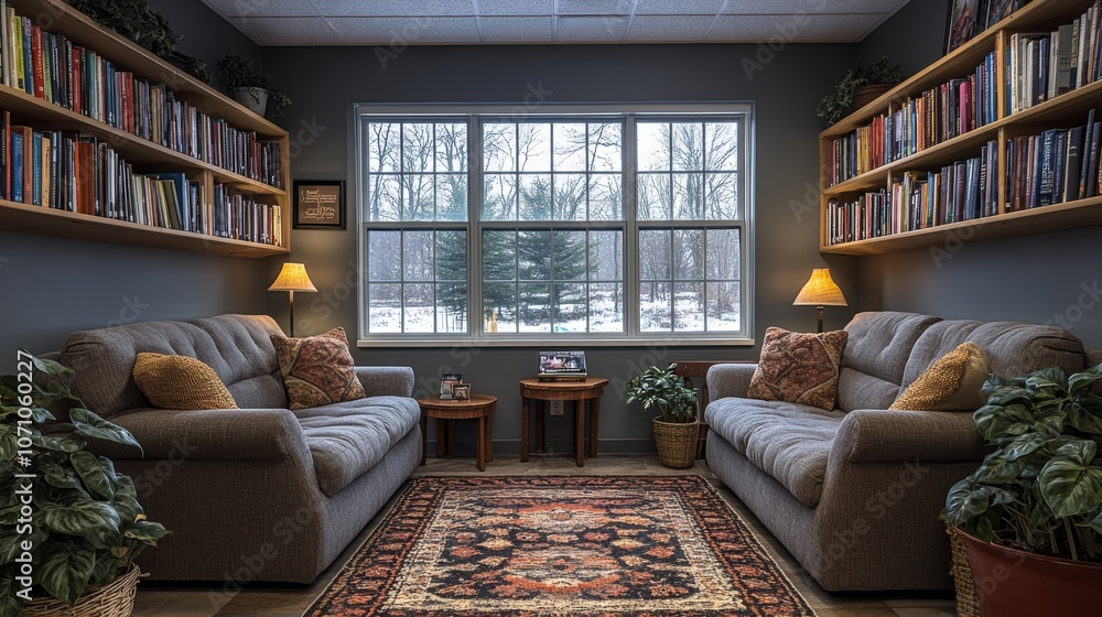 Poster This inviting space features two gray sofas adorned with decorative pillows, surrounded by bookshelves and plants. Snow-laden trees are visible through the window.
