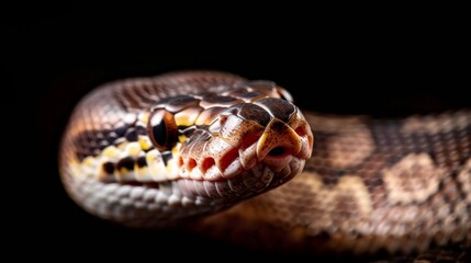Fototapeta premium A close-up view of a ball python resting on a dark surface, highlighting its intricate patterns and textures in soft lighting