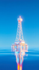 An oil derrick stands tall above calm waters during twilight hours. Generative AI